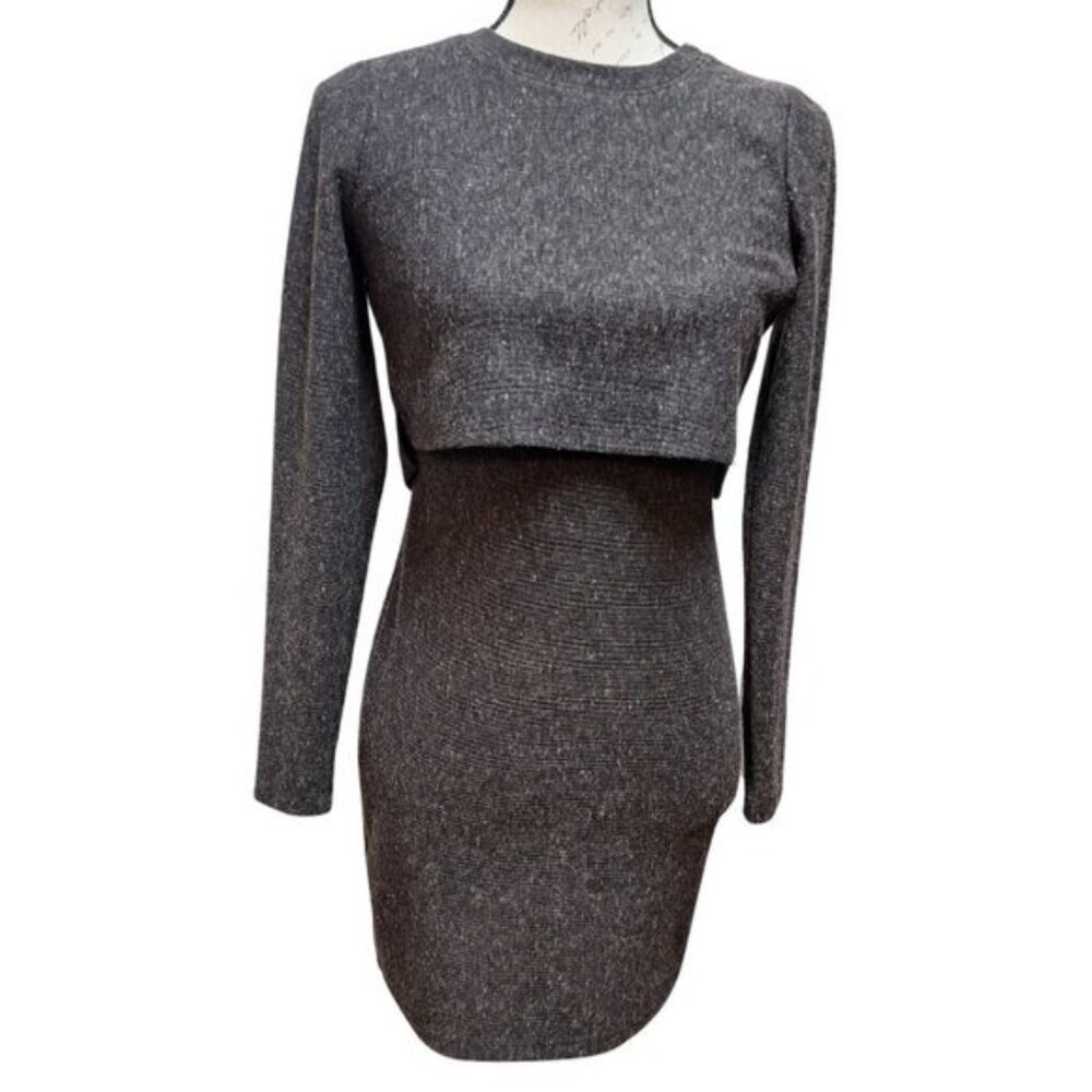 BONGO Womens Gray Knit Mini Dress Small Bodycon Long Sleeve Fall Neutral Office